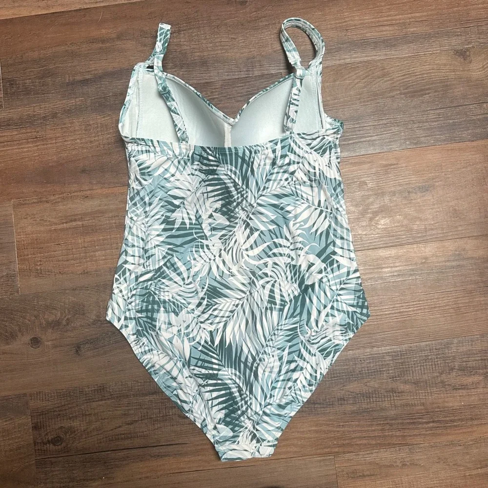Niptuck Swim‎ One Piece Swimsuit Teal White Palm Print Ruched Tummy Control  10